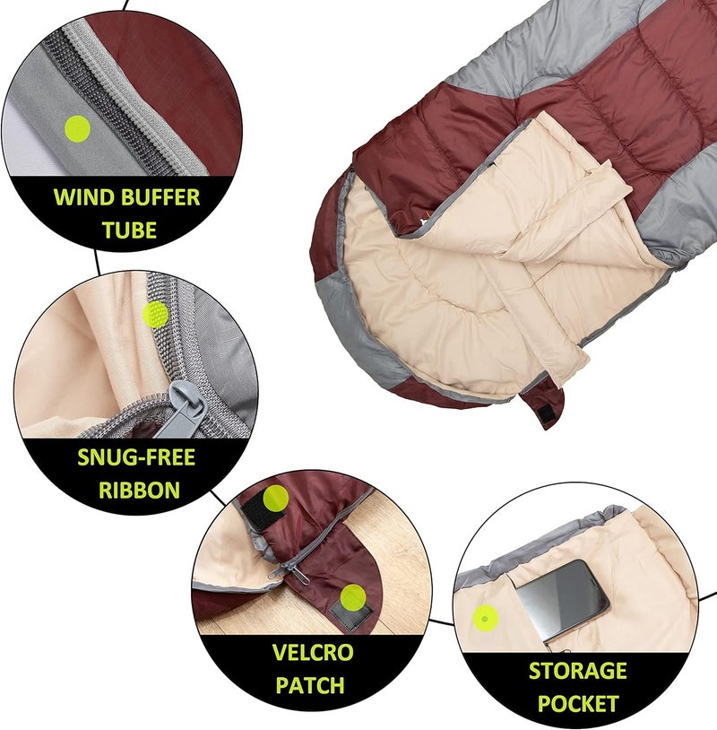 rioyalo 0 Degree Winter Sleeping Bags for Adults Camping (450GSM) - Temp Range (5F–32F) Portable Waterproof Compression Sack- Camping Sleeping Bags for Big and Tall in Env Hoodie: Backpacking Hiking 4 Season - Image 5